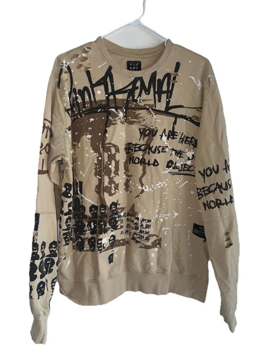 Punk Royal Mens Distressed Graffiti Style Shirt Sz L Tan Black Rave Punk Emo Ska